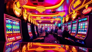 Excited players celebrating wins at vibrant Slots machines in a bustling casino scene.